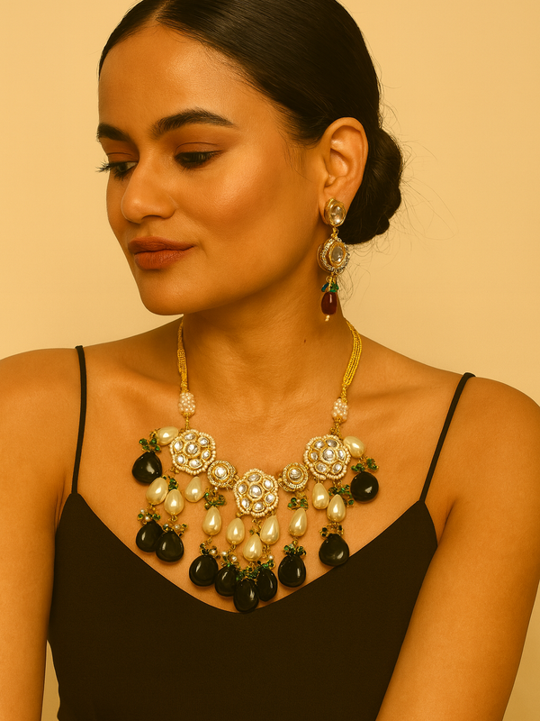 Gold-Tone Kundan Statement Necklace with Pearl & Black Drop Accents