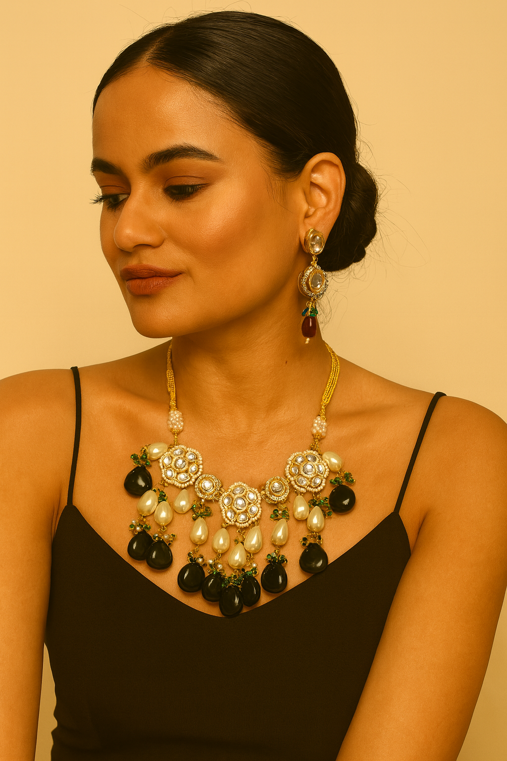 Gold-Tone Kundan Statement Necklace with Pearl & Black Drop Accents