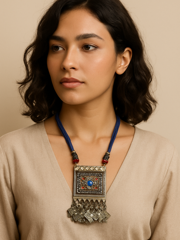 Tribal Antique Pendant Necklace with Blue Stone & Ghungroo Fringe
