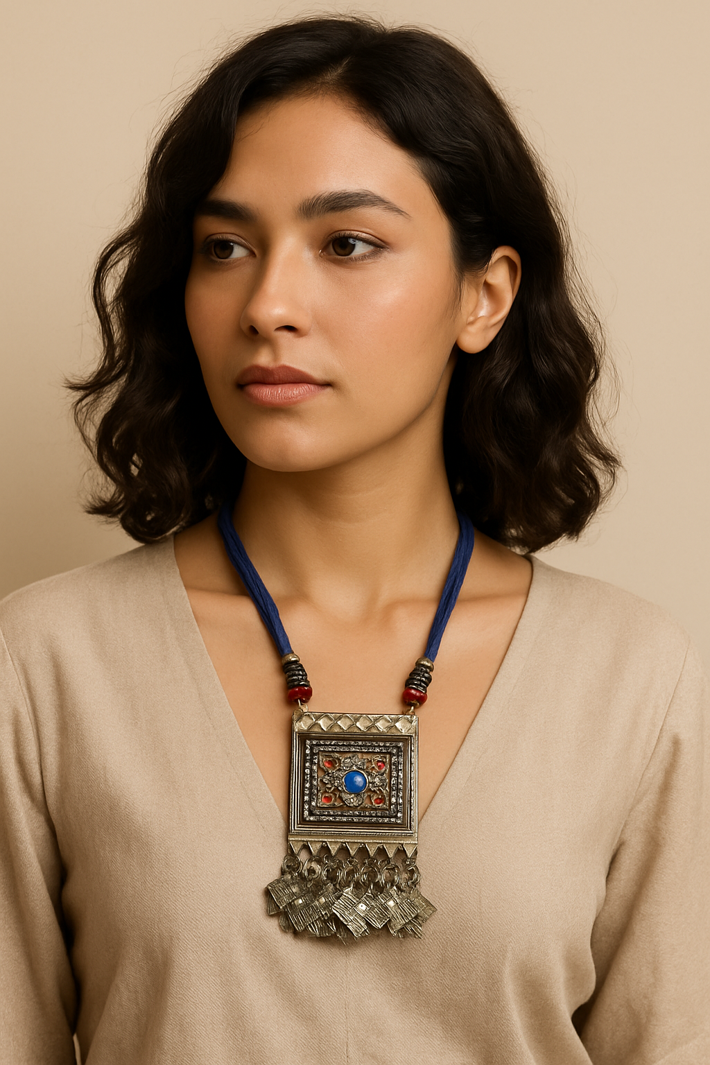 Tribal Antique Pendant Necklace with Blue Stone & Ghungroo Fringe