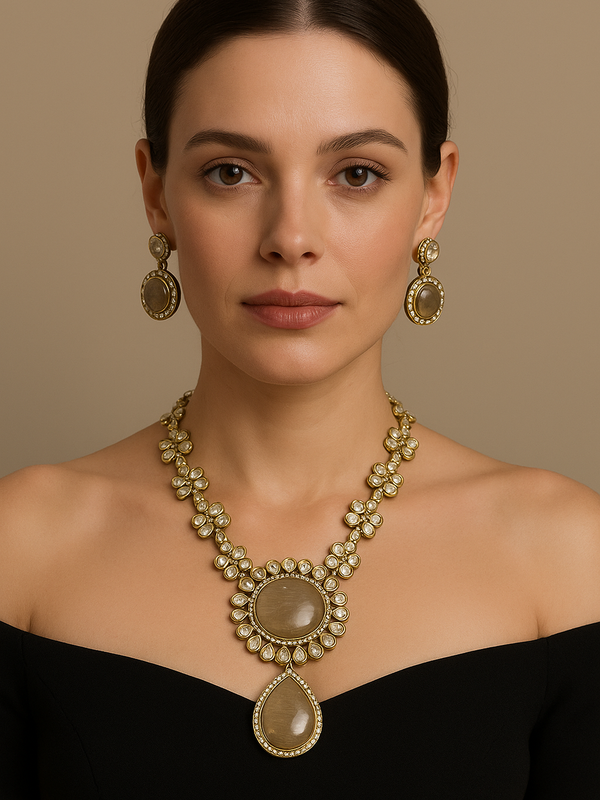 Gold-Tone Floral Kundan Necklace Set with Elegant Smoky Pendant