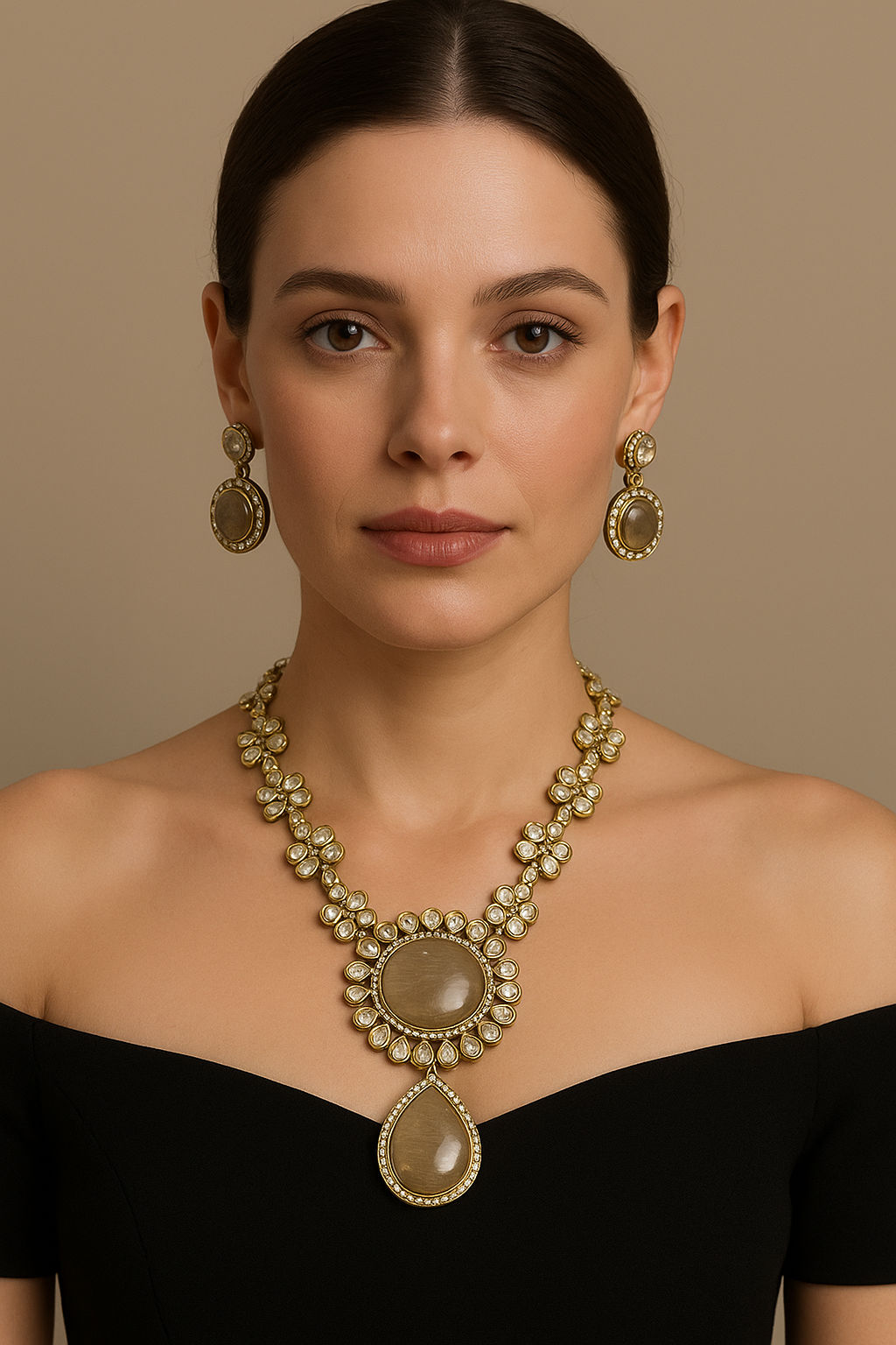 Gold-Tone Floral Kundan Necklace Set with Elegant Smoky Pendant