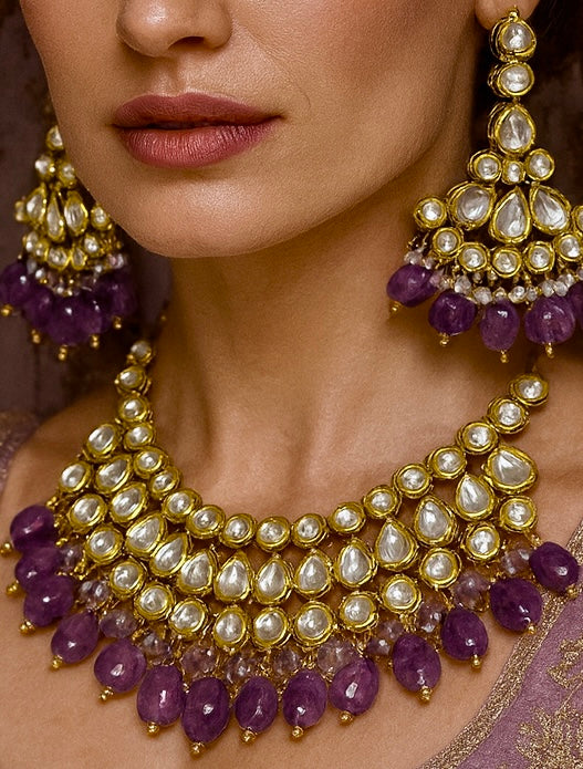 Bridal Kundan Choker with Pearl Layers & Amethyst Drop Accents