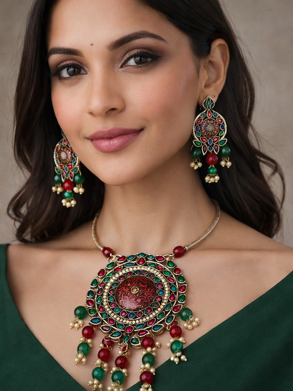 Rajasthani Meenakari Statement Necklace with Multicolor Stones & Bead Drops