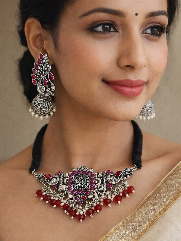 92.5 Silver Polish Oxidized Choker with Semi-precious Stones & Beaded Drops