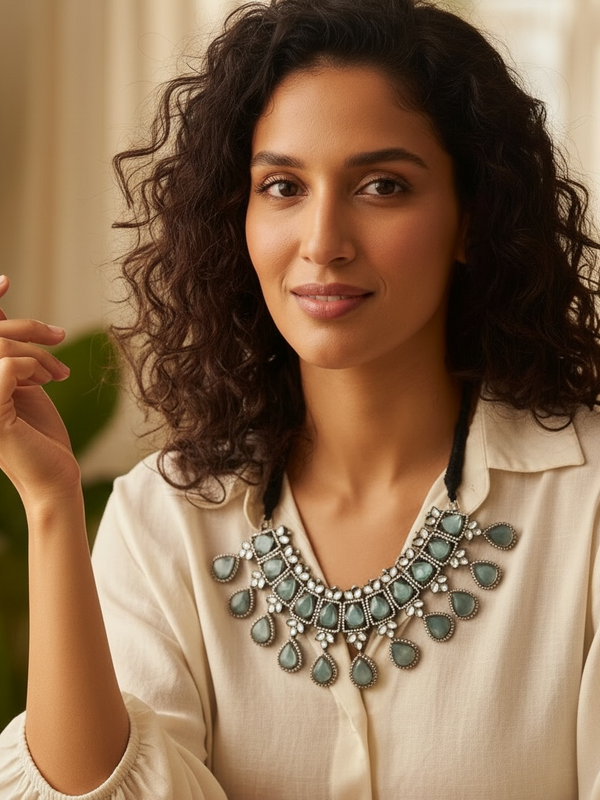 Antique Silver Mint Blue Statement Necklace with Elegant Teardrop Drops