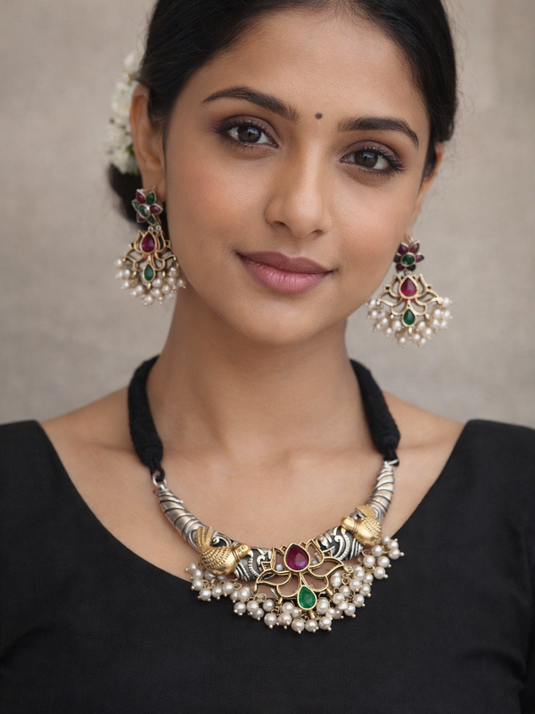 92.5 Silver Polish Oxidized Necklace Set with Multicolor Stones, Pearl Drops & Peacock Motifs