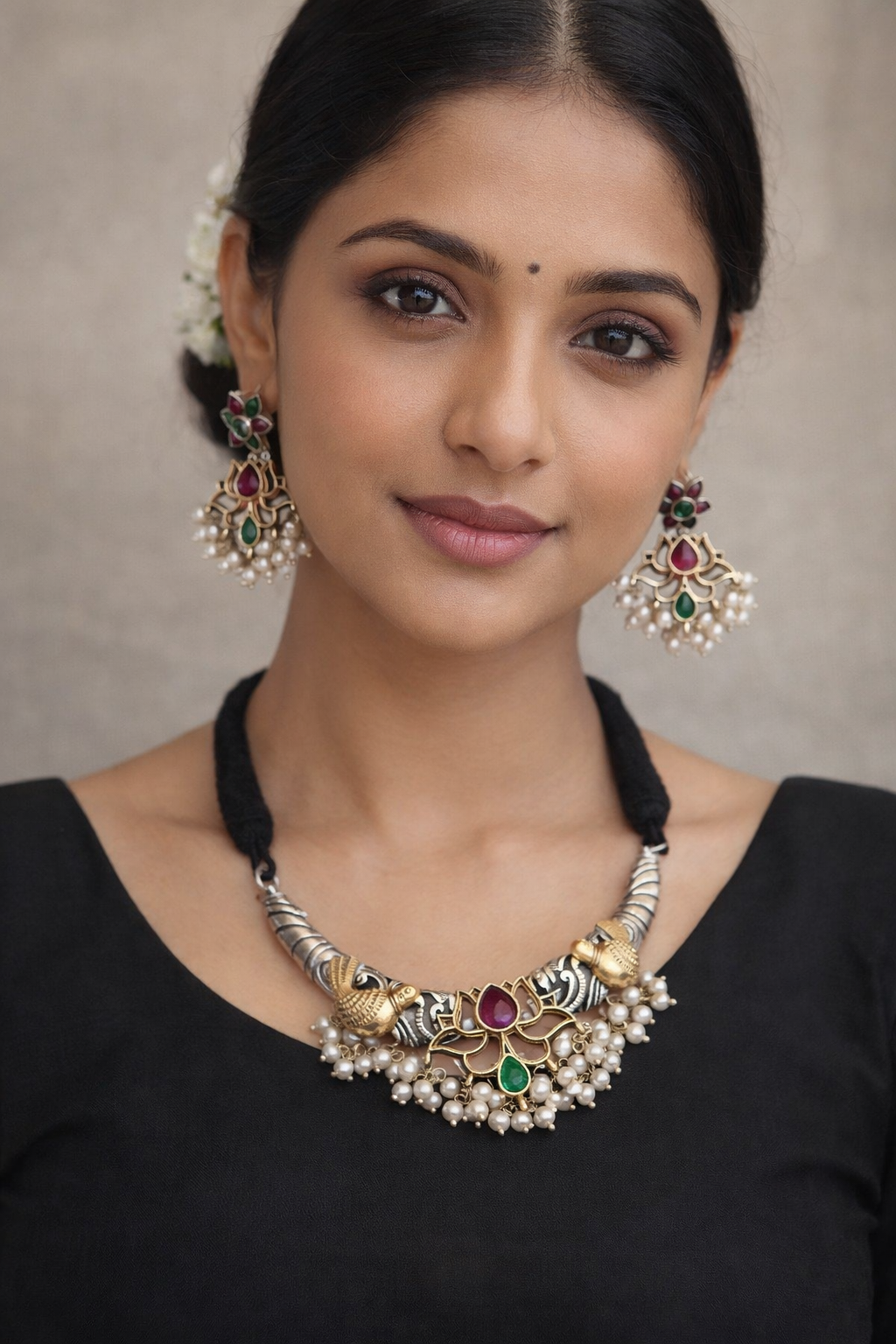 92.5 Silver Polish Oxidized Necklace Set with Multicolor Stones, Pearl Drops & Peacock Motifs