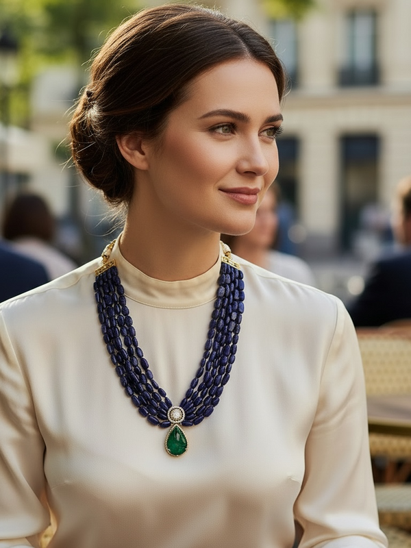 Layered Navy Blue Beaded Necklace with Green Teardrop Statement Pendant