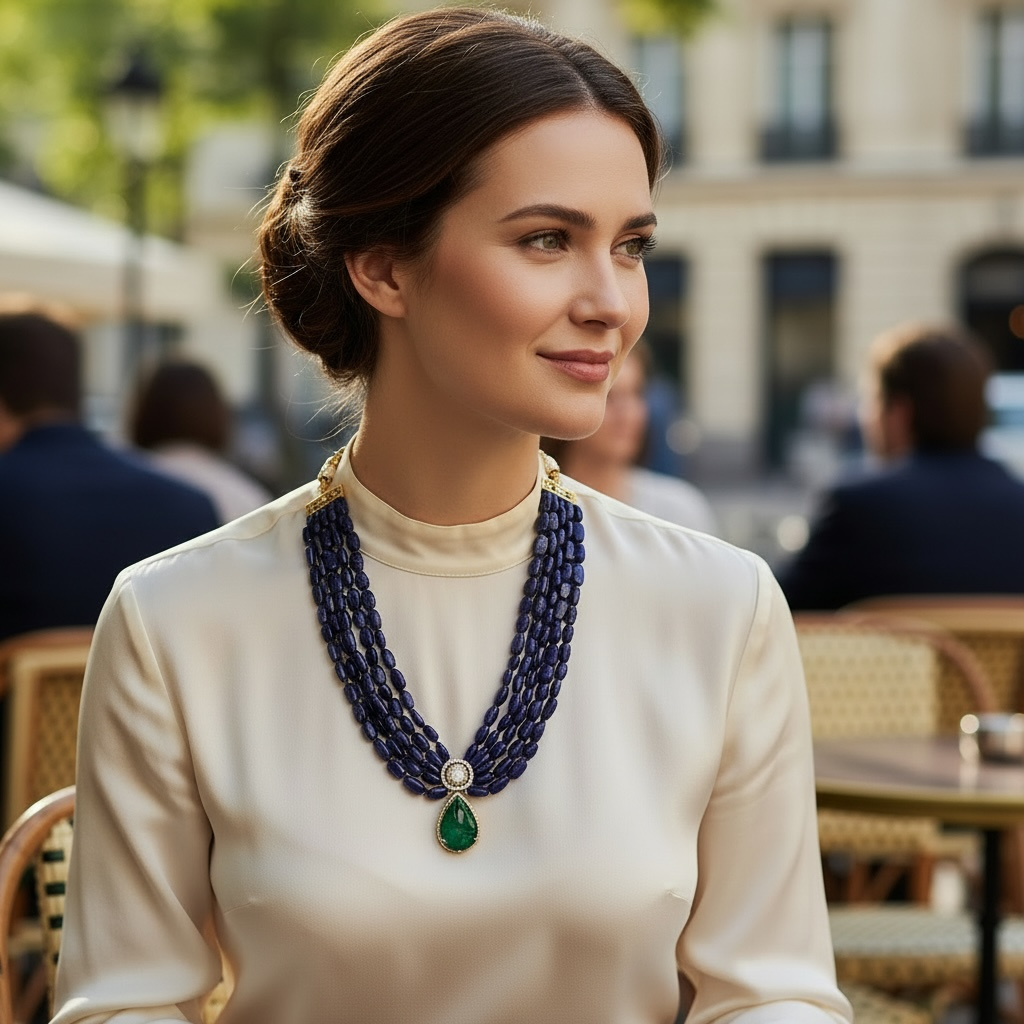 Layered Navy Blue Beaded Necklace with Green Teardrop Statement Pendant