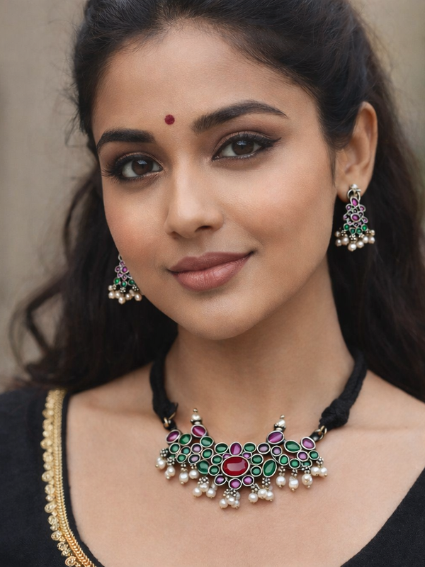 92.5 Silver Polish Kundan Choker with Multicolor Stones & Pearl Drops