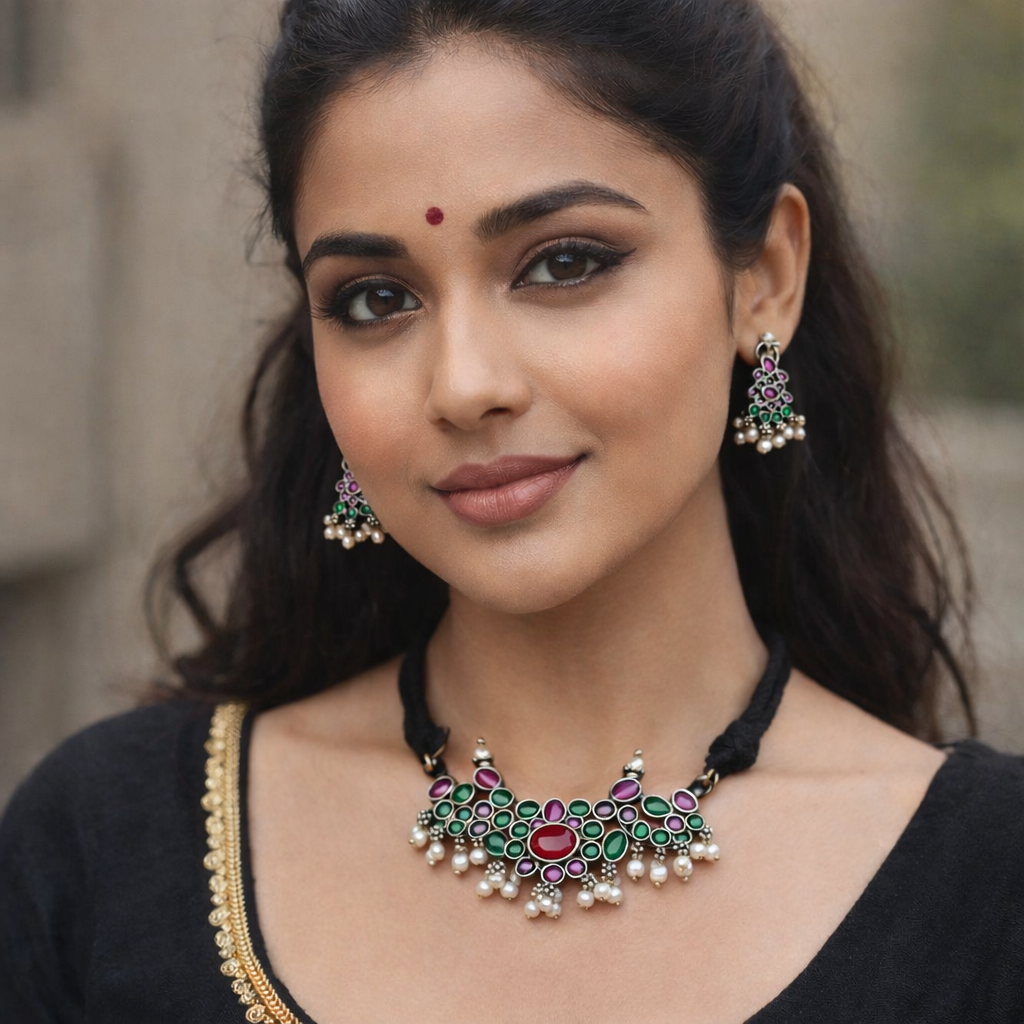 92.5 Silver Polish Kundan Choker with Multicolor Stones & Pearl Drops