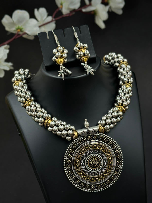 92.5 Silver Polish Tribal Statement Necklace with Coin Pendant & Beaded Strands