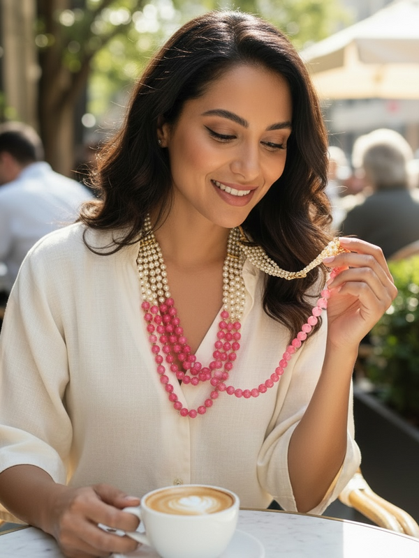 Layered Pearl & Pink Beaded Necklace | Multi-Strand Statement Jewelry