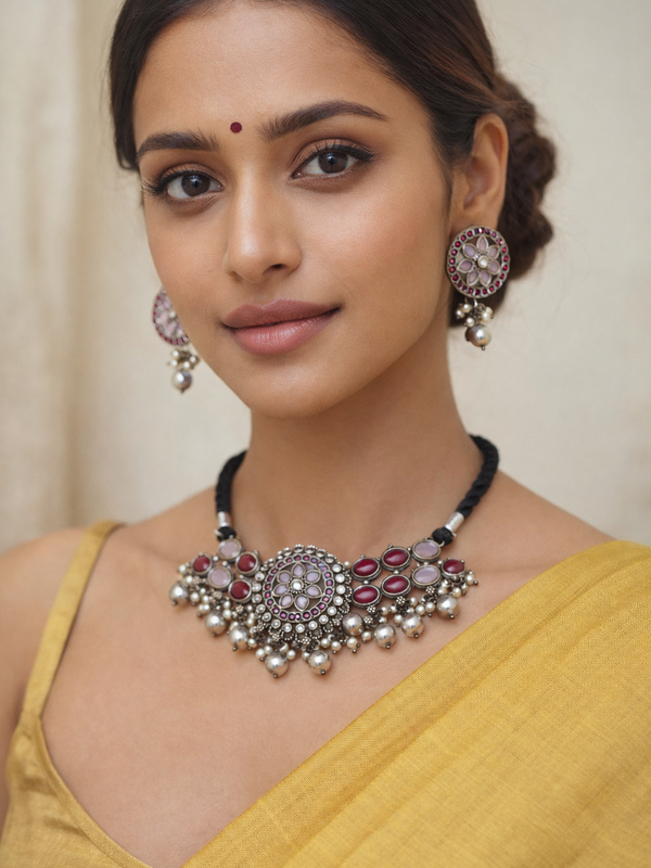 92.5 Silver Polish Kundan Choker with Ruby Pink Stones & Pearl Drops