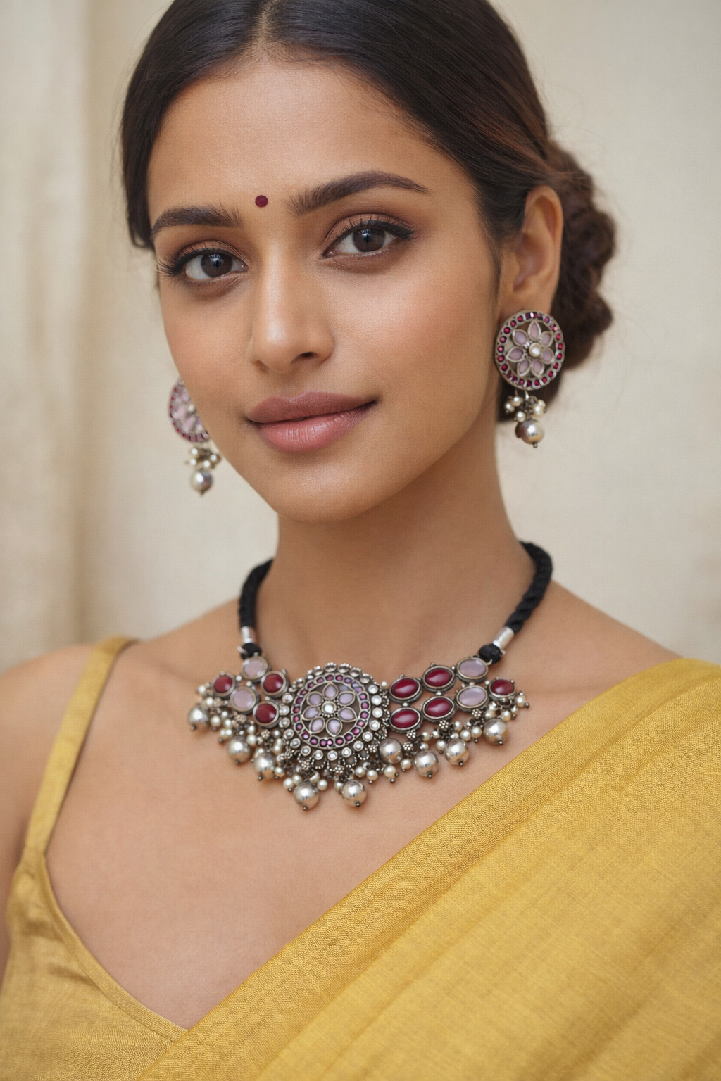 92.5 Silver Polish Kundan Choker with Ruby Pink Stones & Pearl Drops