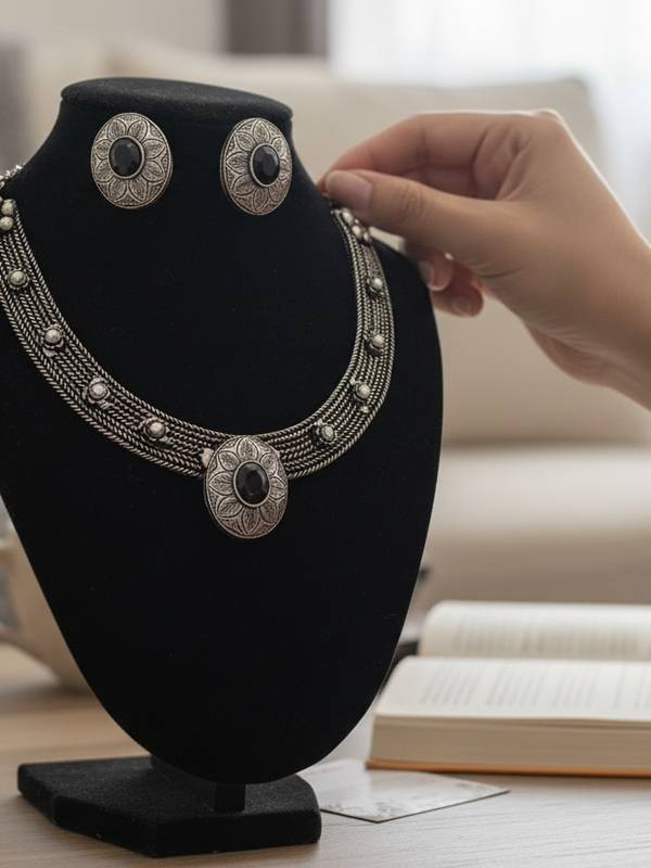 92.5 Silver Polish Tribal-Inspired Multi-Strand Necklace Set with Black Stone Accents