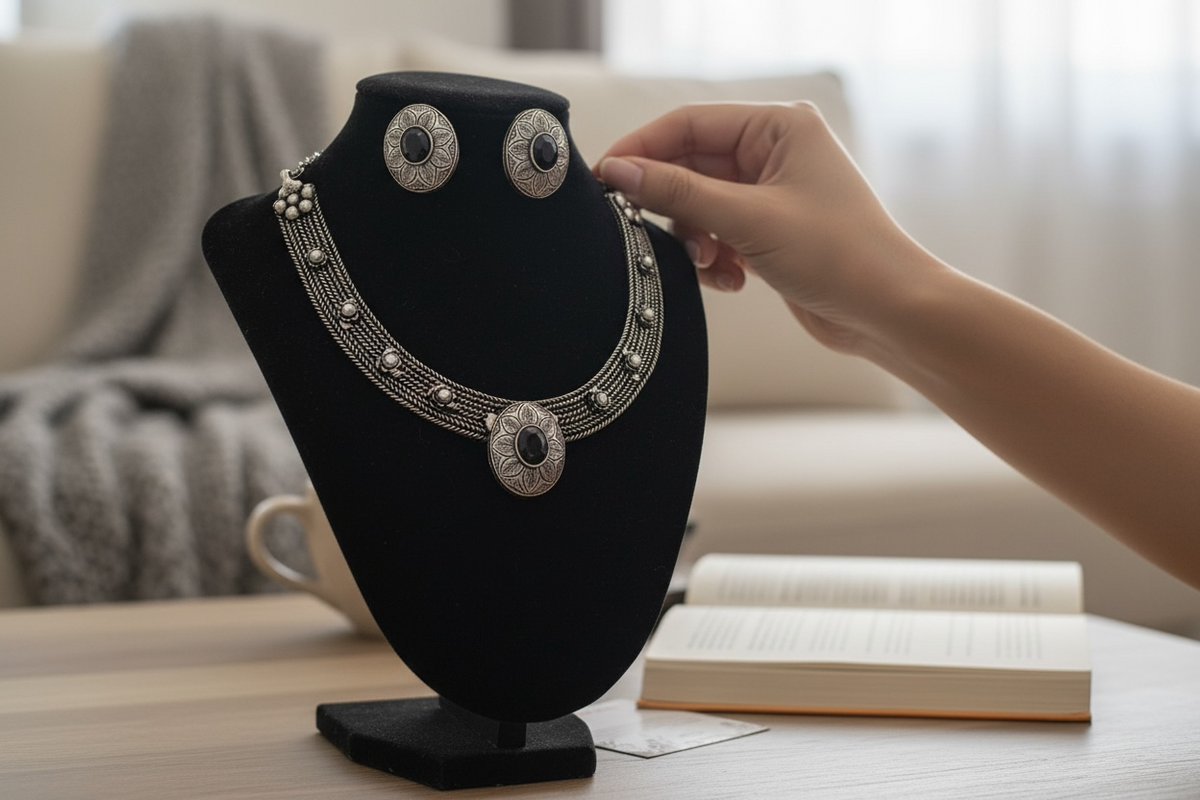 92.5 Silver Polish Tribal-Inspired Multi-Strand Necklace Set with Black Stone Accents