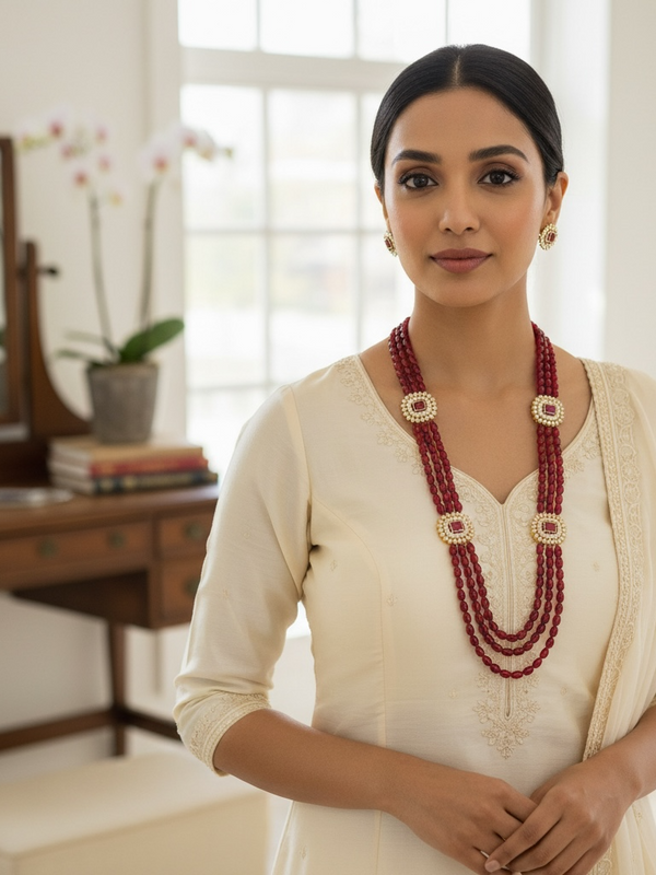 Multi-Strand Red Beaded Raani Haar with Pearl & Ruby Motif Accents