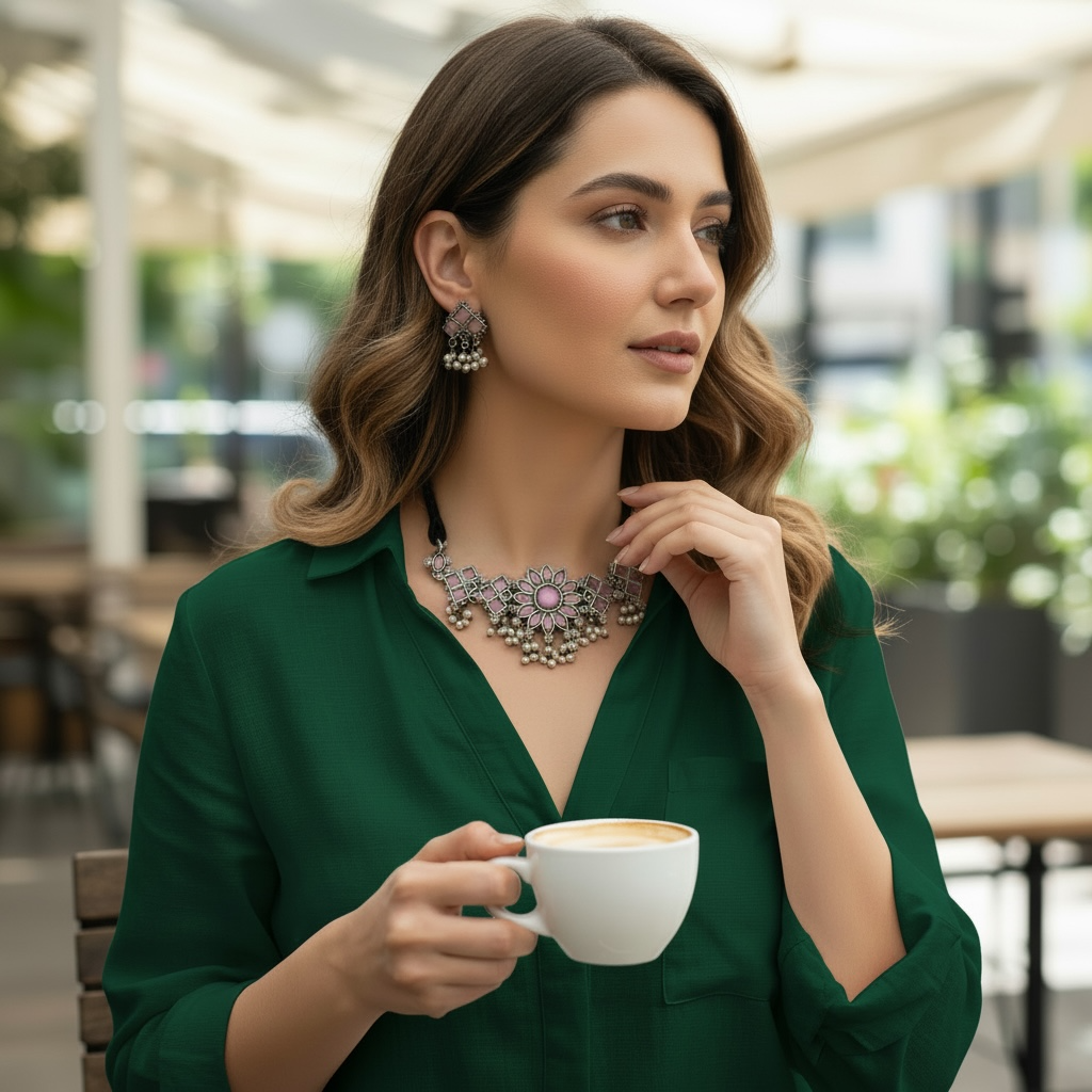 92.5 Silver Polish Floral Statement Choker Necklace with Semi-precious Stone & Pearl Drops