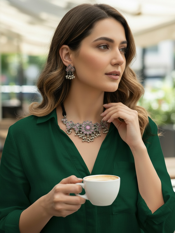 92.5 Silver Polish Floral Statement Choker Necklace with Semi-precious Stone & Pearl Drops