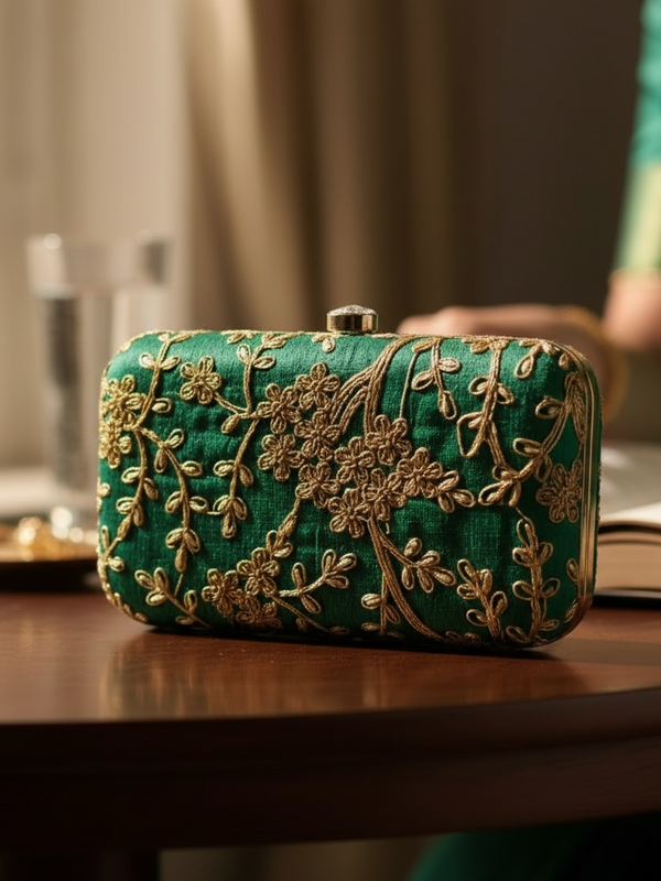 Dark Green Embroidered Floral Clutch with Gold Threadwork & Chain Strap | Bridal & Party Statement Bag