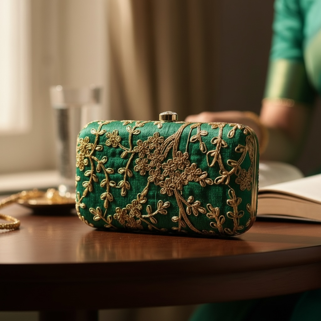 Dark Green Embroidered Floral Clutch with Gold Threadwork & Chain Strap | Bridal & Party Statement Bag