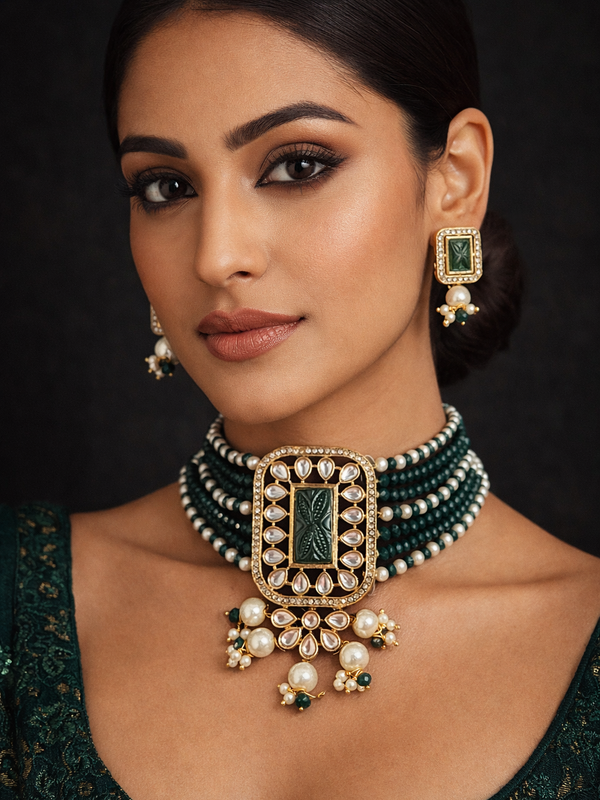 Dark Green Beaded Choker Necklace Set with Polki Frame Pendant & Pearl Drops | Statement Fusion Jewelry