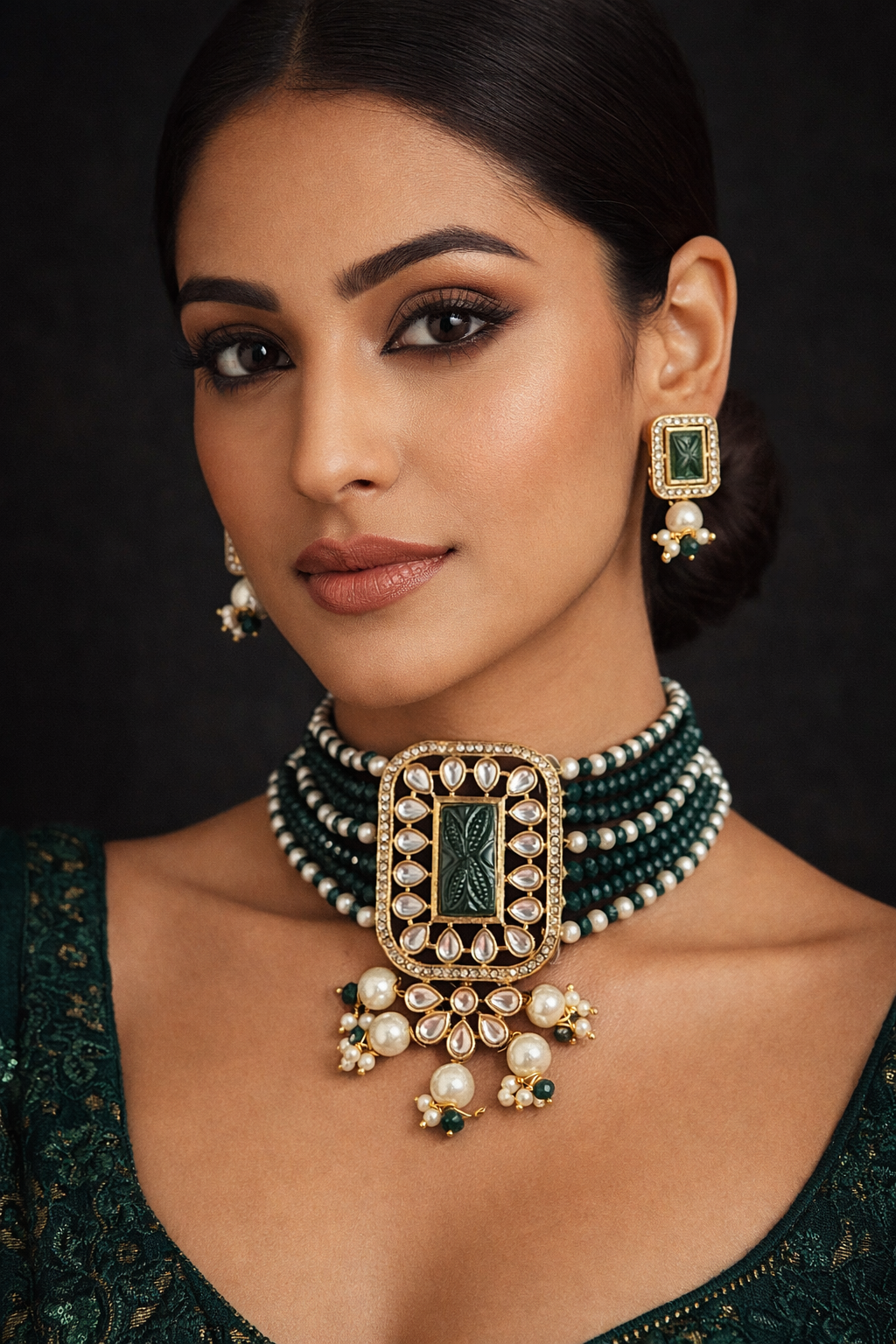 Dark Green Beaded Choker Necklace Set with Polki Frame Pendant & Pearl Drops | Statement Fusion Jewelry
