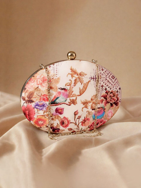 Floral Bird Print Clutch Bag with Chain | Vintage Inspired Evening Party Purse