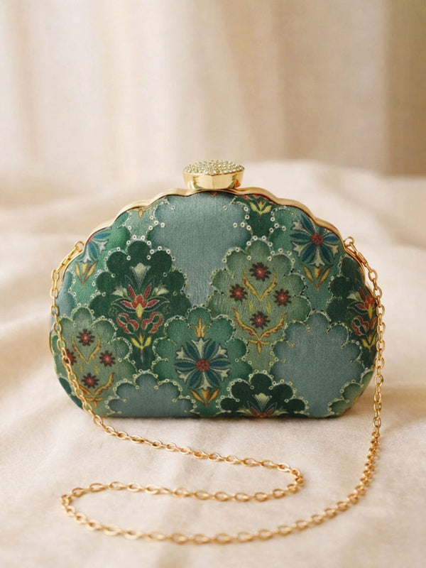 Green Floral Vintage Clutch Bag with Chain | Elegant Evening Party Purse