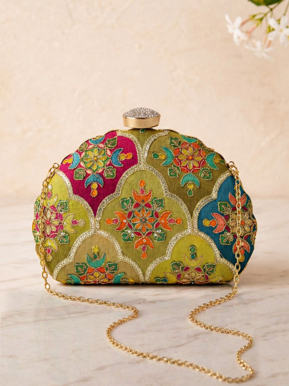 Multicolor Embroidered Floral Clutch Bag with Chain | Ethnic Wedding Party Purse