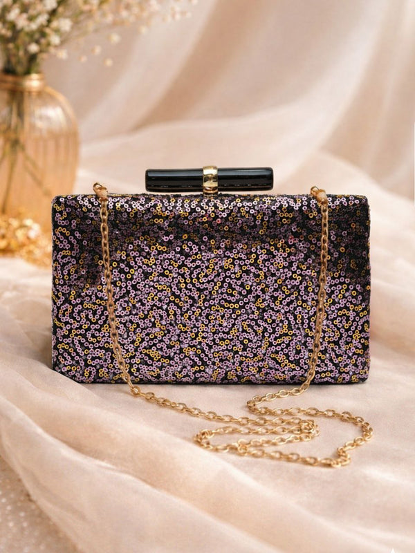 Black Sequin Evening Clutch Bag with Chain | Glam Party Wedding Purse