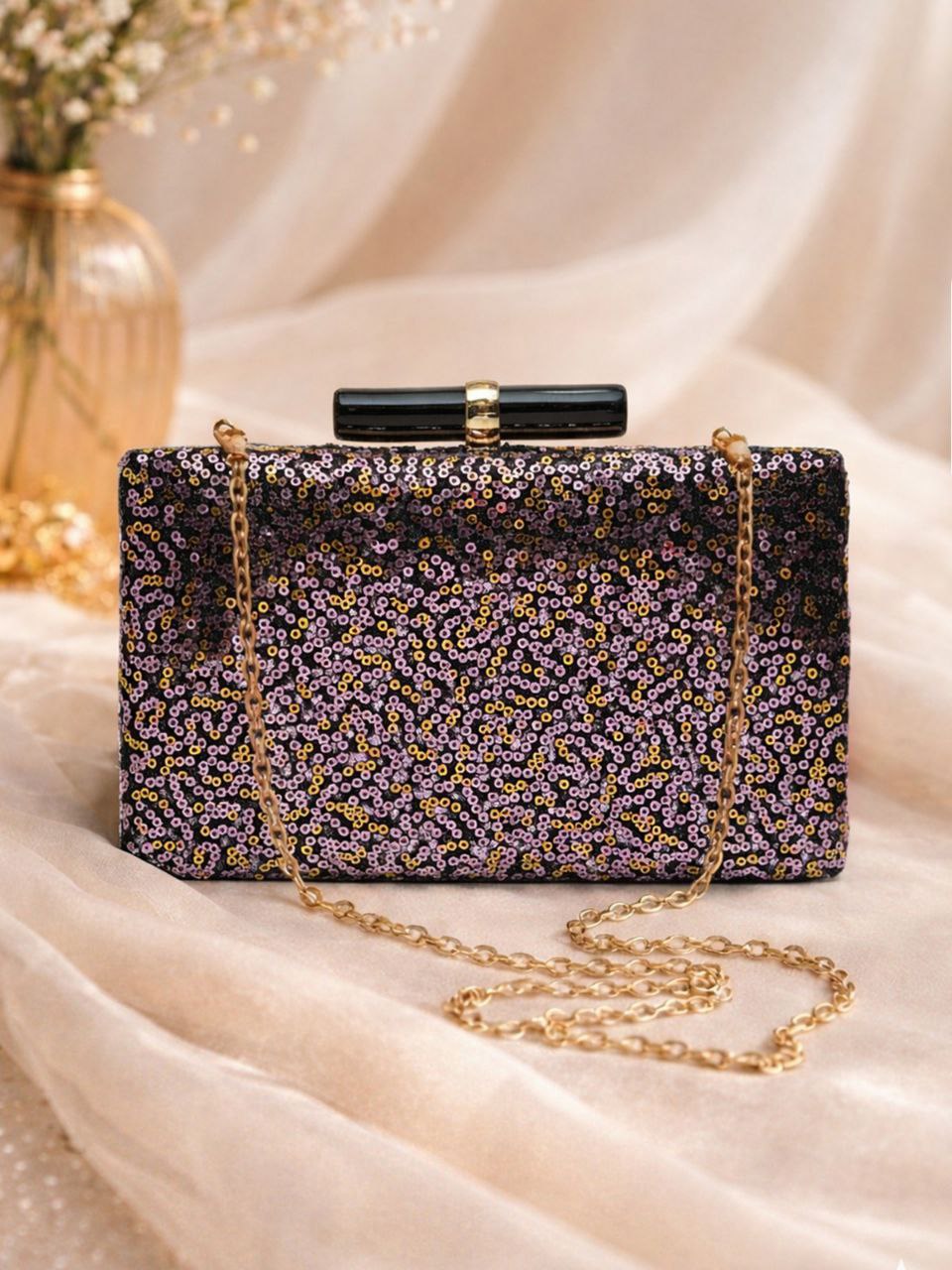 Black Sequin Evening Clutch Bag with Chain | Glam Party Wedding Purse