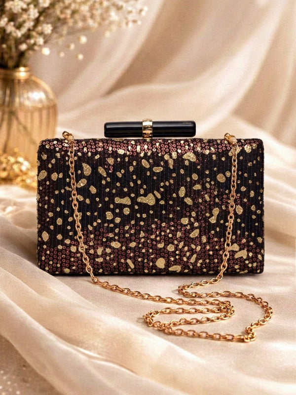 Black & Gold Sequin Clutch Bag with Chain | Glam Evening Party Wedding Purse