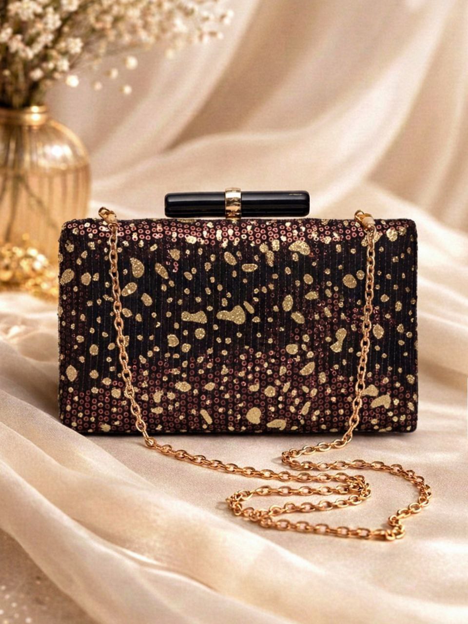 Black & Gold Sequin Clutch Bag with Chain | Glam Evening Party Wedding Purse