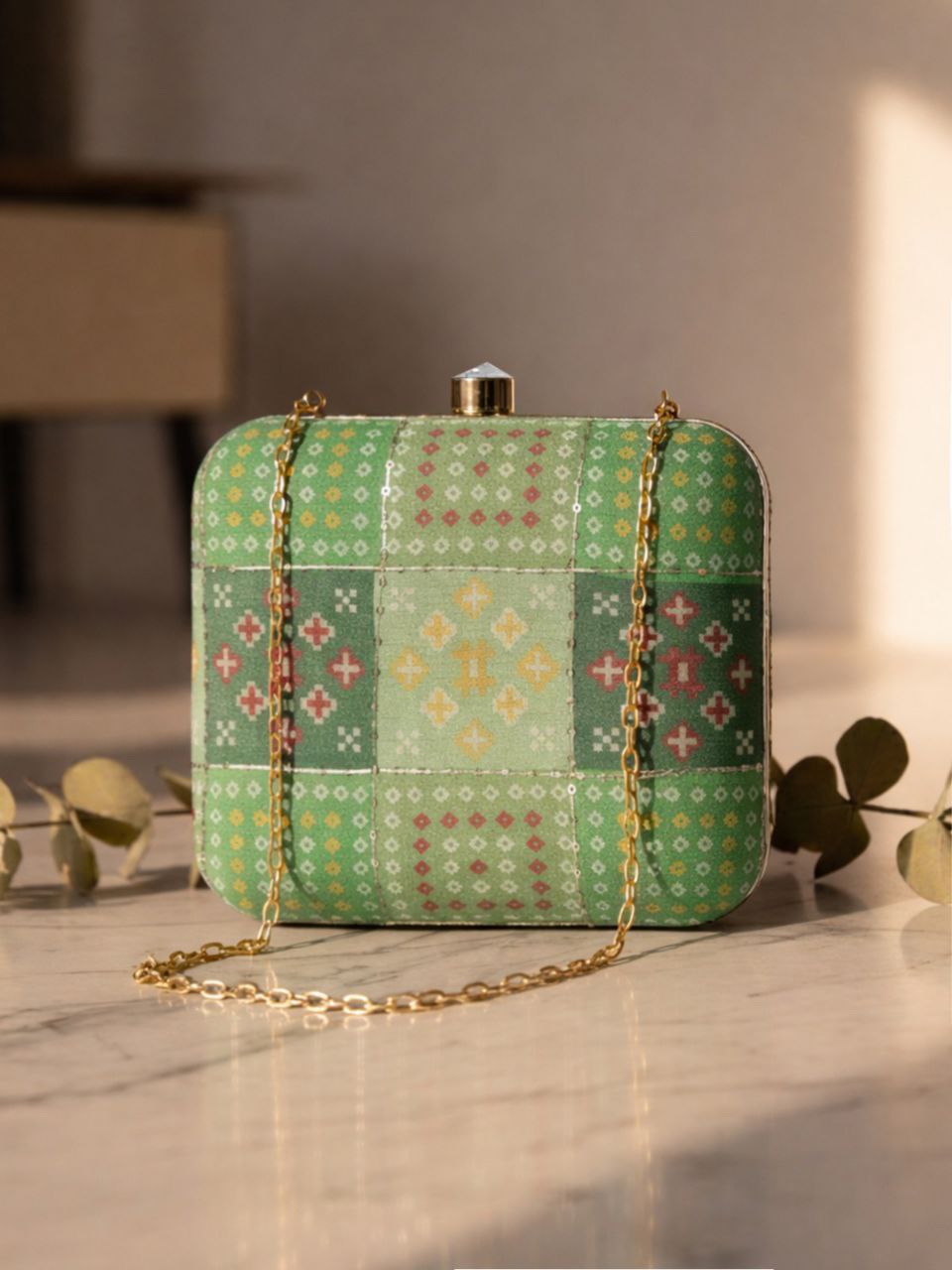 Green Patterned Box Clutch Bag with Chain | Ethnic Minimal Evening Party Purse