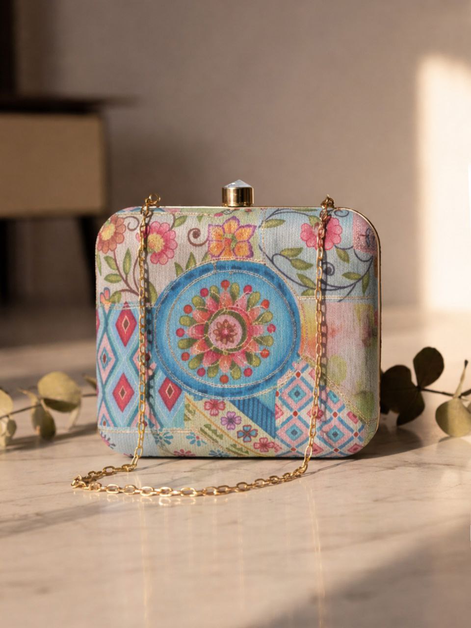 Multicolor Floral Patchwork Clutch Bag with Chain | Artistic Evening Party Purse