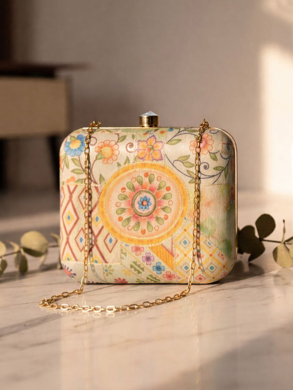 Multicolor Floral Patchwork Clutch Bag with Chain | Artistic Evening Party Purse
