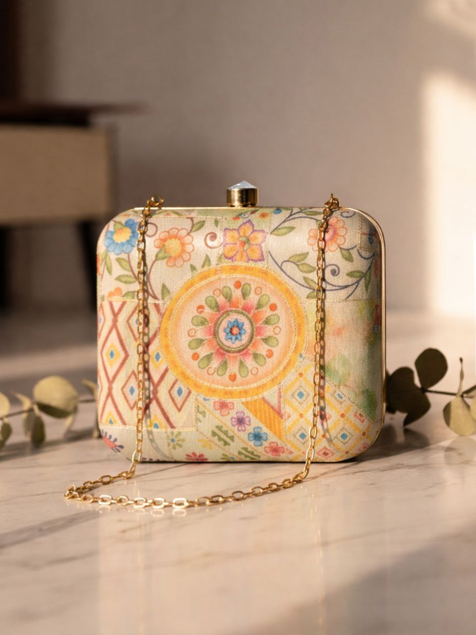 Multicolor Floral Patchwork Clutch Bag with Chain | Artistic Evening Party Purse