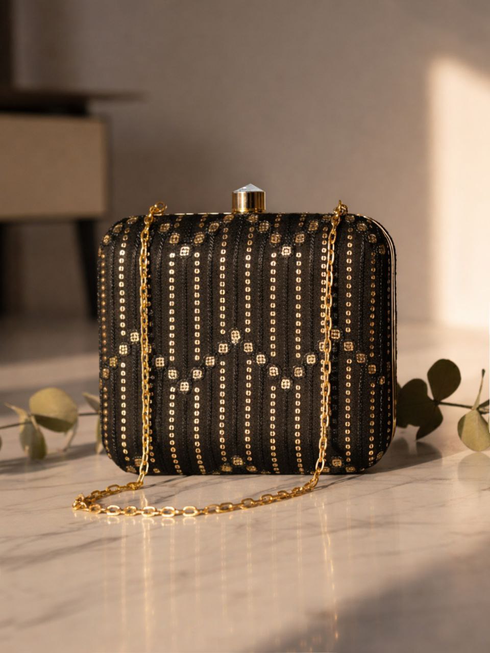 Black & Gold Studded Clutch Bag with Chain | Elegant Evening Party Wedding Purse