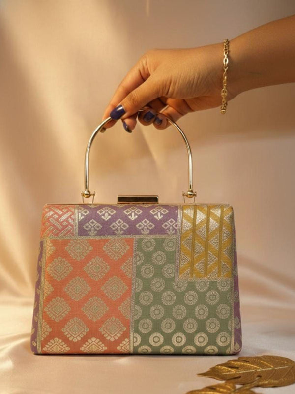 Multicolor Brocade Top Handle Clutch Bag | Ethnic Wedding Party Handbag