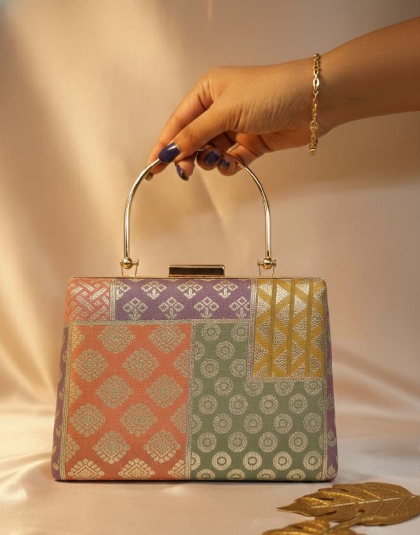 Multicolor Brocade Top Handle Clutch Bag | Ethnic Wedding Party Handbag