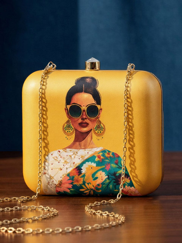 Artistic Woman Portrait Gold Clutch Bag | Statement Ethnic Party Handbag