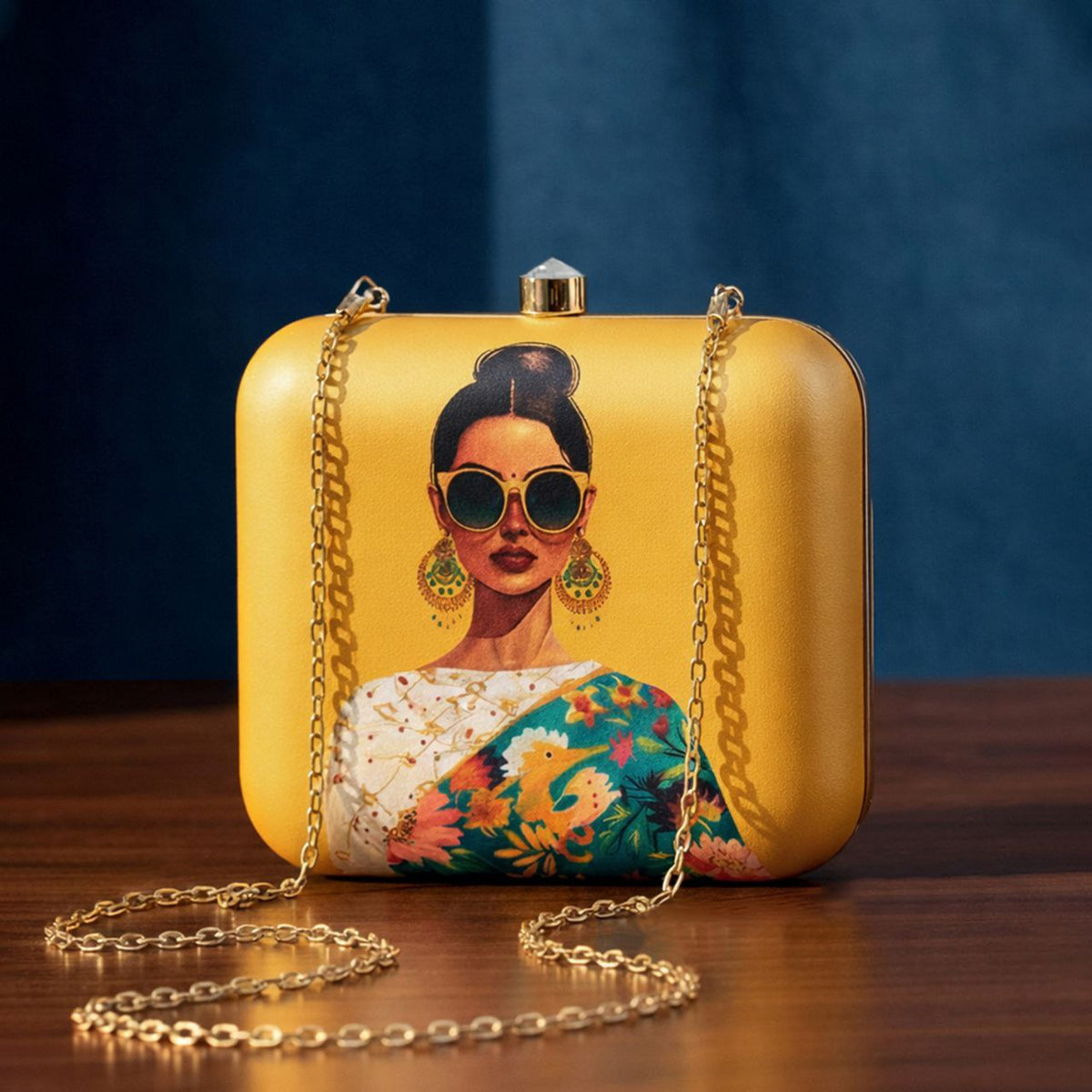 Artistic Woman Portrait Gold Clutch Bag | Statement Ethnic Party Handbag