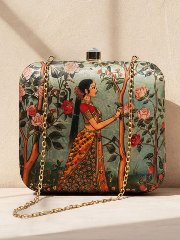 Mughal Art Woman Clutch Bag | Vintage Floral Ethnic Statement Handbag