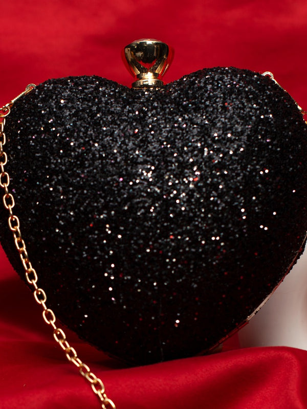 Black Heart Crystal Clutch | Glam Evening Party Bag with Chain