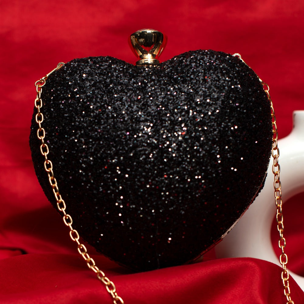Black Heart Crystal Clutch | Glam Evening Party Bag with Chain
