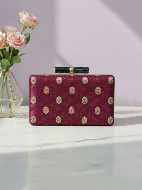 Maroon Ethnic Brocade Clutch Bag | Traditional Wedding & Festive Handbag