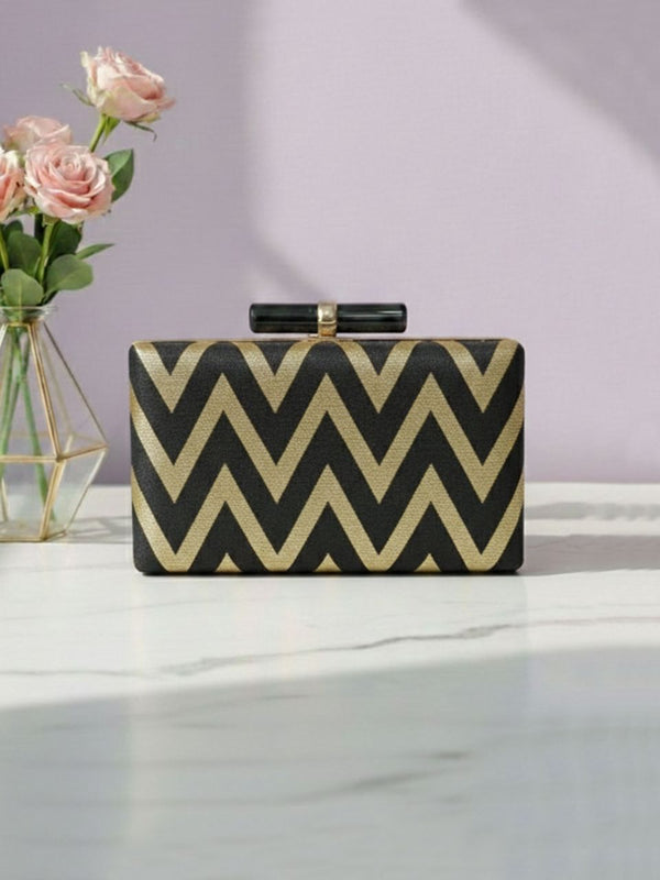 Black Striped Ethnic Brocade Clutch Bag | Traditional Wedding & Festive Handbag